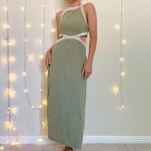 Pistachio green and cream midi dress with cut out sides and open back